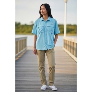 Columbia PFG Omni-Shade Fishing Shirt Button-Up Short Sleeve Blue Women's Large